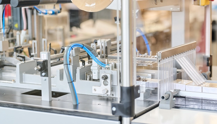 CONPALUX-expertise Une machine industrielle grise avec des câbles bleus et un convoyeur de plaques en plastique transparent, dans un environnement d'usine.