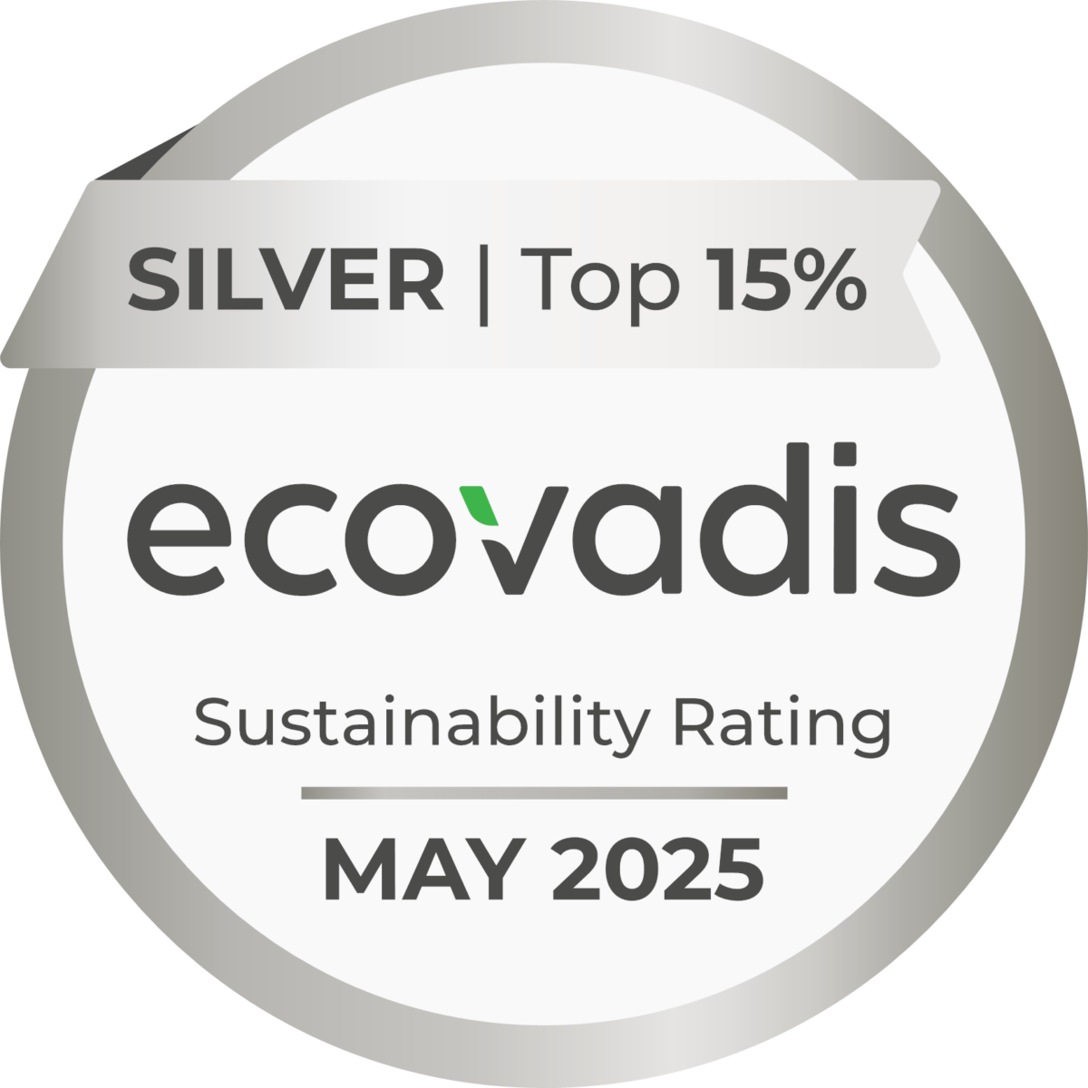 Médaille argentée avec texte "Silver 2025 Ecovadis Sustainability Rating" sur fond blanc, entourée d'un cercle gris.